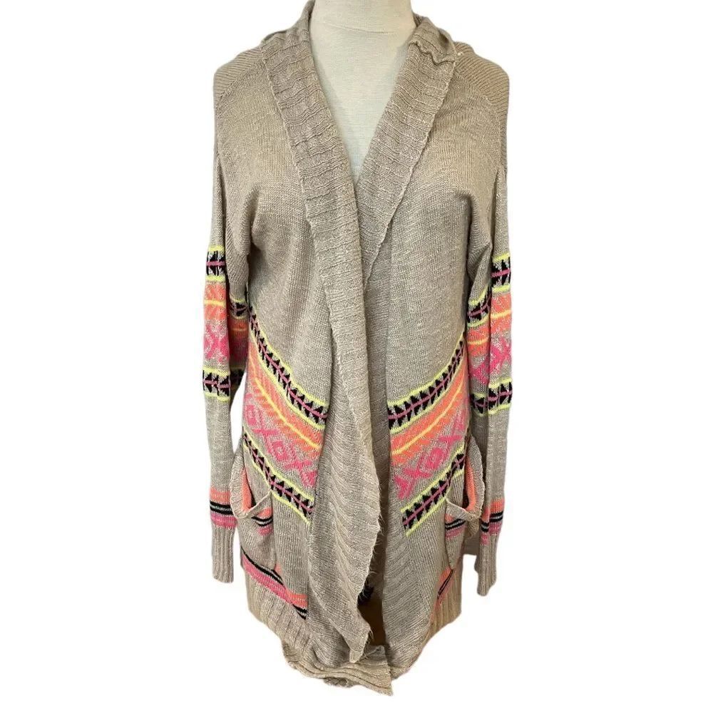 🔥4/$25 Eyeshadow Beige Neon Open Front Cardigan Multi-Color Large